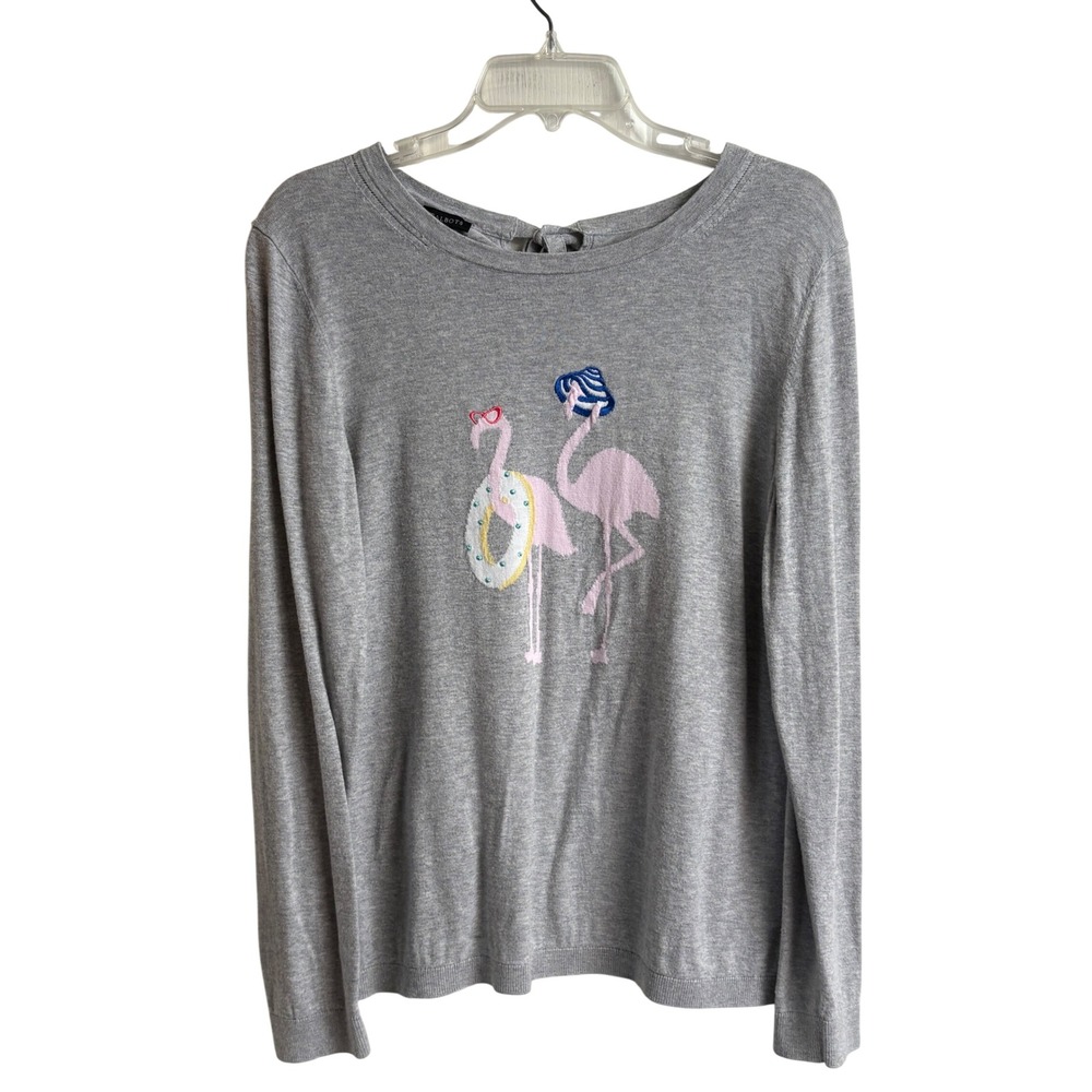 Talbots Sweater Women Gray Flamingo Graphic Bow Back Lightweight Size L Coastal